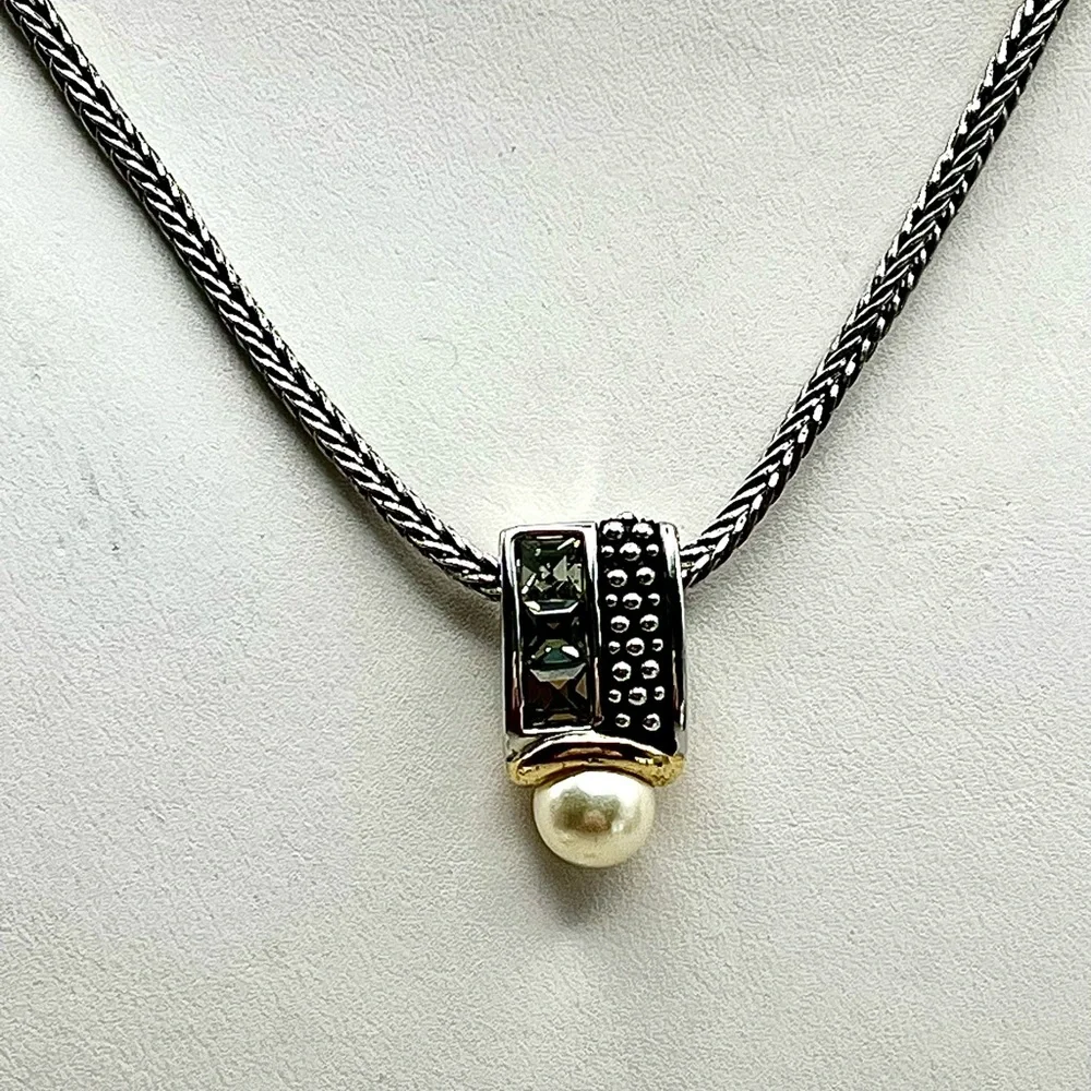 Elegant Silver and Gold Necklace with Pearl and Crystals Pendant -Luxe Stayement